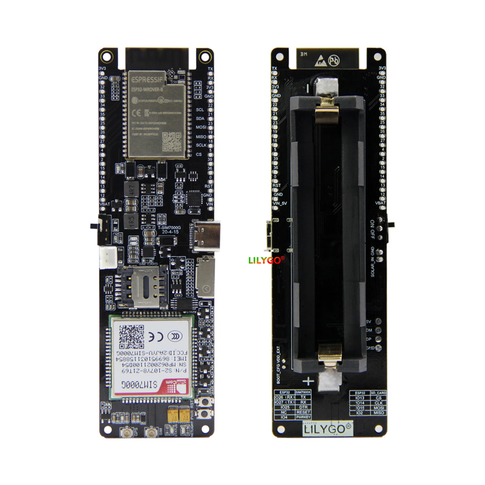 Front and rear views of the LilyGO T-SIM7000G development board